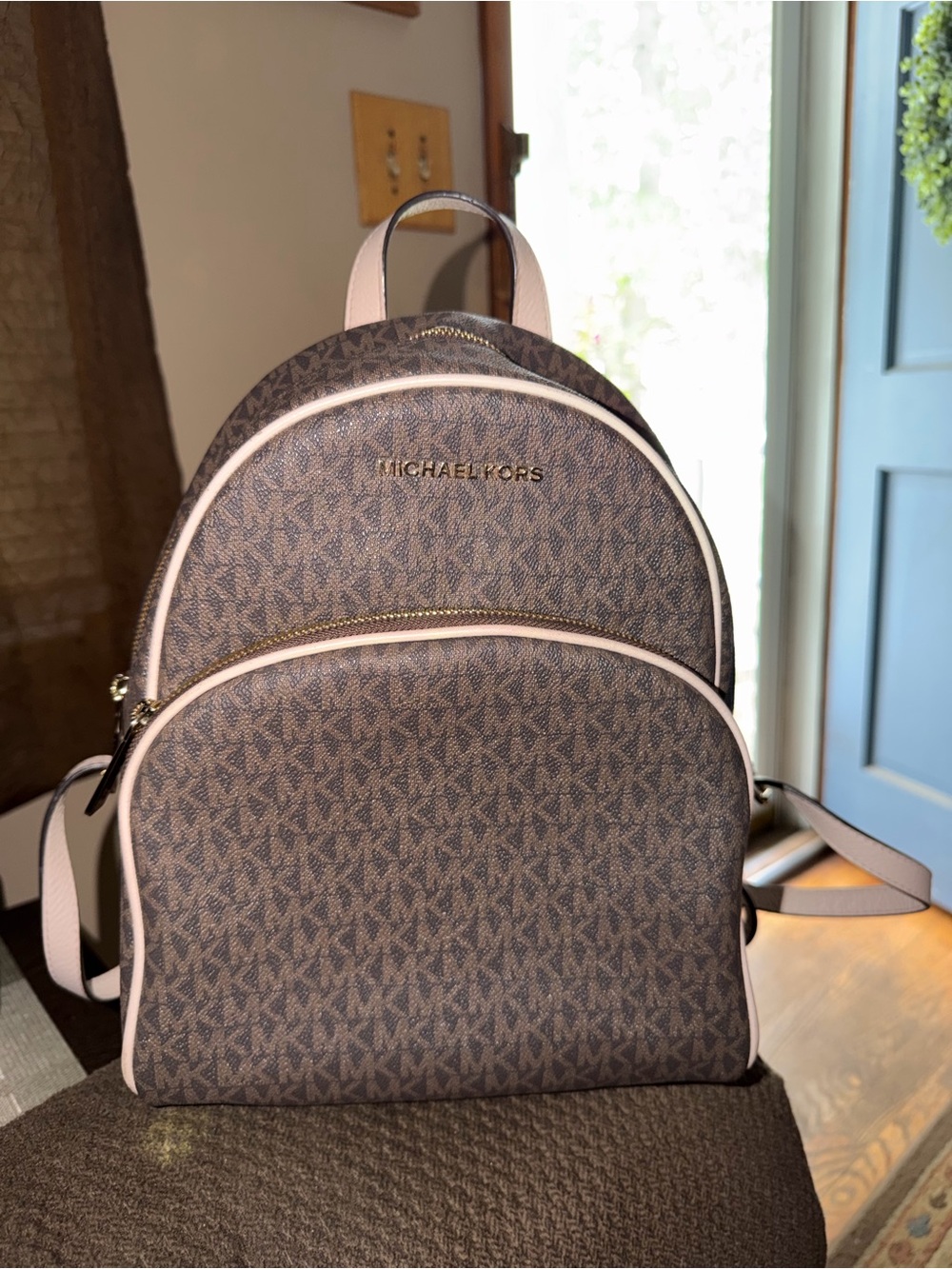 Michael Kors Brown MK Logo Backpack with Light Pink Trim